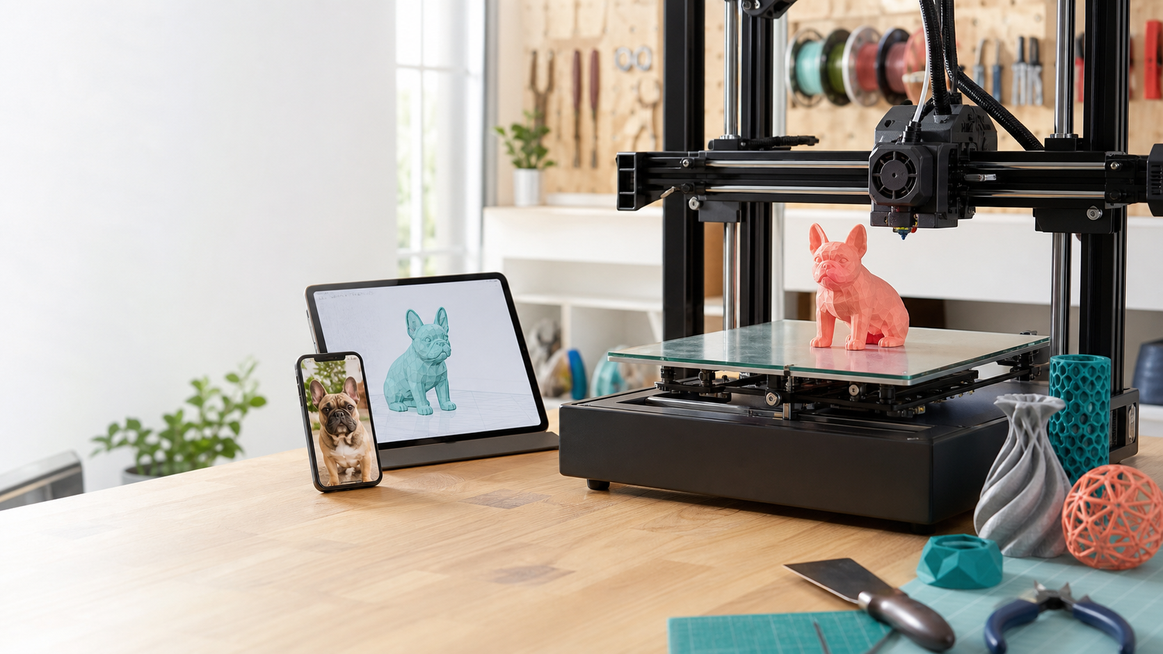 3D printer producing a small sculpture from a reference photo and model preview